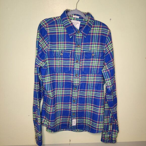 Abercrombie & Fitch Flannel Shirt Mens XXL 2XL Plaid Blue Colorful Muscle Cotton - Picture 3 of 11